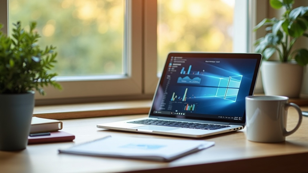 A computer desk with notepads, headphones, and a cup of coffee next to an open laptop showing charts and graphs