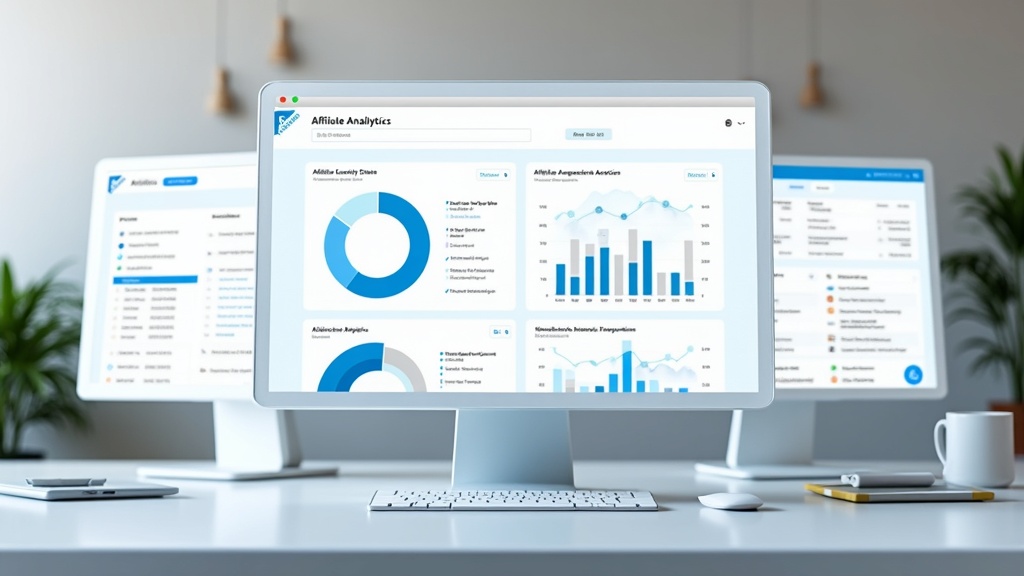 A digital dashboard with affiliate analytics, a website on a computer screen, and research tools visually displayed together