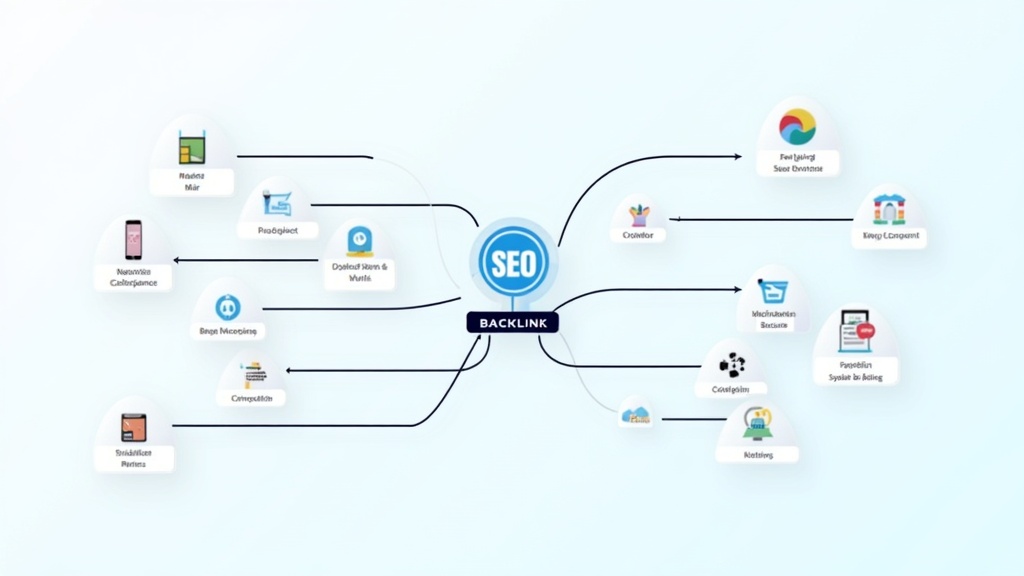 A digital mindmap showing SEO backlink strategies connected with affiliate marketing icons.