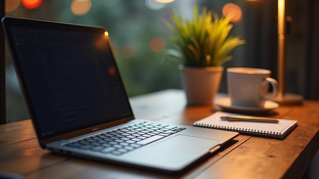 A digital workspace with a laptop, notepad, a small plant, and a cup of coffee on a wooden desk, with bright ambient lighting