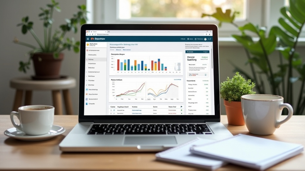 A laptop displaying a dashboard overview of affiliate marketing tools, with notes and a coffee beside it