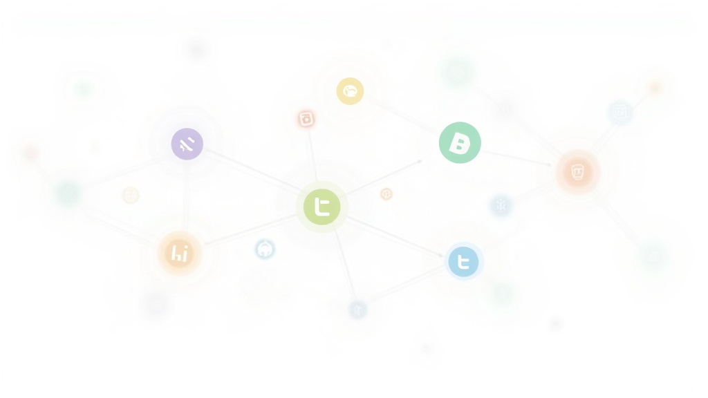 A network of colorful digital icons representing different social media platforms, interconnected by arrows on a white background.