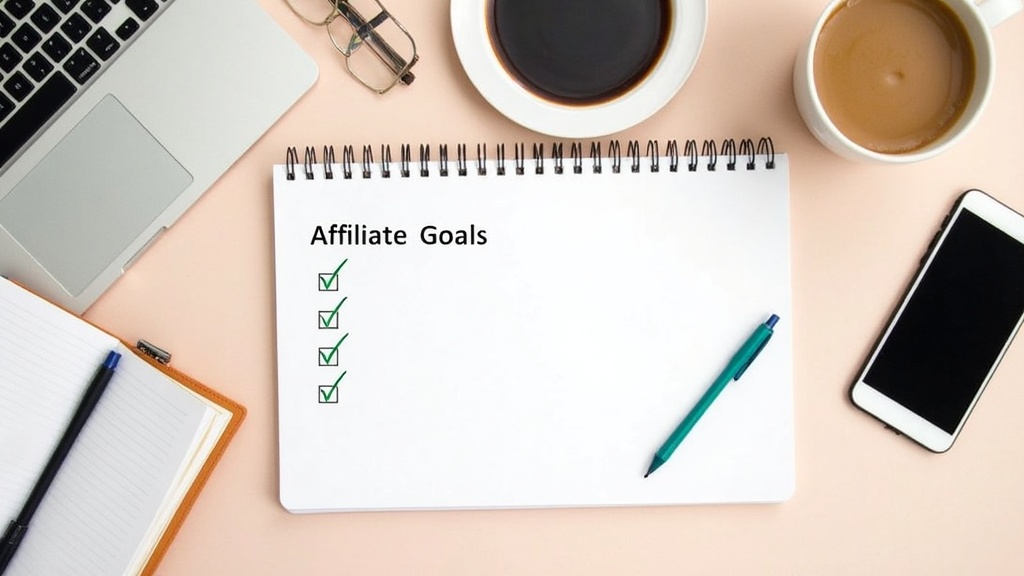 A notepad with affiliate marketing goals, checklists, and digital tools on a workspace.