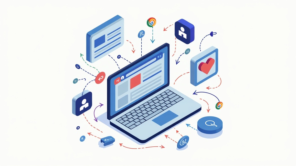 Colorful illustration of a laptop surrounded by content icons and arrows connecting websites, representing guest posting and backlink acquisition.