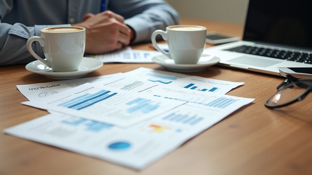 Stacks of laptop computers, coffee mugs, and printed charts on a wooden table, symbolizing online business success